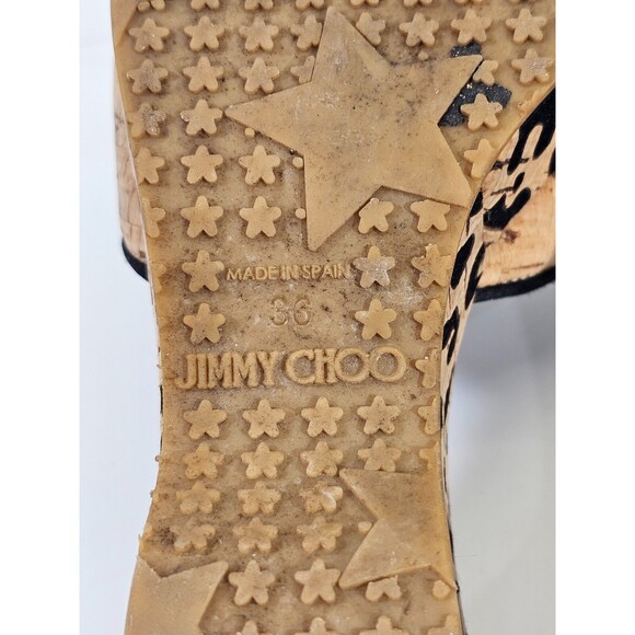 DMS Women's 36 Jimmy Choo Cork Wedge Leopard Peep Toe High Heels Pumps Slides - Picture 12 of 12